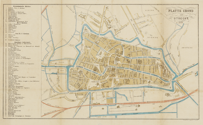 214035 Plattegrond van de stad Utrecht, met weergave van het stratenplan met namen, bebouwing, wegen en watergangen. ...